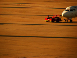 youlikeairplanestoo:  Neat shot of a lonely airbus and its tug