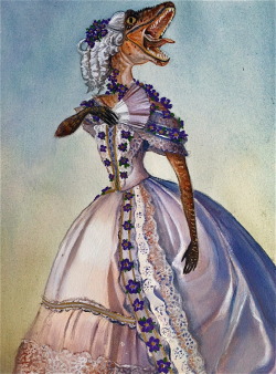 shitthebeditsadalek:  ipomoeaj:  adamazur:  &ldquo;Victorian Velociraptor with Violets.&rdquo; Acrylic and liquid gold leaf on Rives BFK. Made by Adam Mazur.   &ldquo;MOTHER WHY HASN’T THE DUKE CALLED AGAIN?&rdquo;  &ldquo;Because you ate him, dear&rdquo;