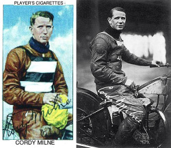A 30&rsquo;s-era photo of Cordy Milne, flanked by his collectible &lsquo;Speedway Racers&rsquo; tobacco card.. Cordy was the U.S. Speedway Champion in '34 and '35. In 1936, he moved to England to compete on the International level.. Why-the-heck is this
