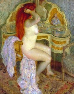 derelictuslyfun:  Carl Frieseke, Nude Seated at Her Dressing Table, 1909 