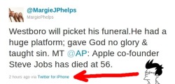 Considering all the hypocrisy in religion, why does this surprise anyone?  Epic fail, just the same.  lovemethrough:  wojo4hitz:  OMG THIS IS AMAZING.  HAHAHAHAHA!!!!  (Margie Phelps: I hate the man, but please don’t make me give up my iPhone!!!) 