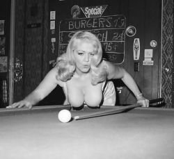 retrodoll:  via electricepoch An older Jennie Lee lines up her next billiards shot.. A photo quite possibly taken at the &lsquo;Sassy Lassy Club&rsquo; she owned/operated (and performed at) in San Pedro, California.. 