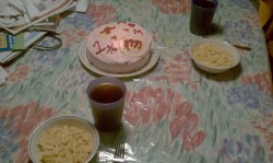 Anniversary dinner with my lovie; macaroni and cheese and cake for dessert.