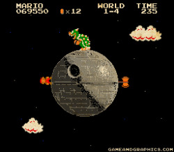 justinrampage:  Young Jedi Mario has one chance to take down Darth Bowser’s Koopa Death Star. Great Star Wars / Mario Bros mash up by Game &amp; Graphics. Super Mario Galaxy - 8bit Empire Edition by Game &amp; Graphics (Twitter) Via: gameandgraphics