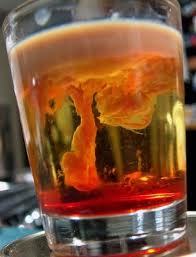 wwwbarscoopnet:  Try this creepy shot! It’s cool to serve, looks great….for Halloween! It’s called the:  Brain Hemorrhage! start with a clean dry shot glass add 1 oz Peach Schnapps Top with a tbl sp of Baileys The baileys will coagulate in the schnapps!