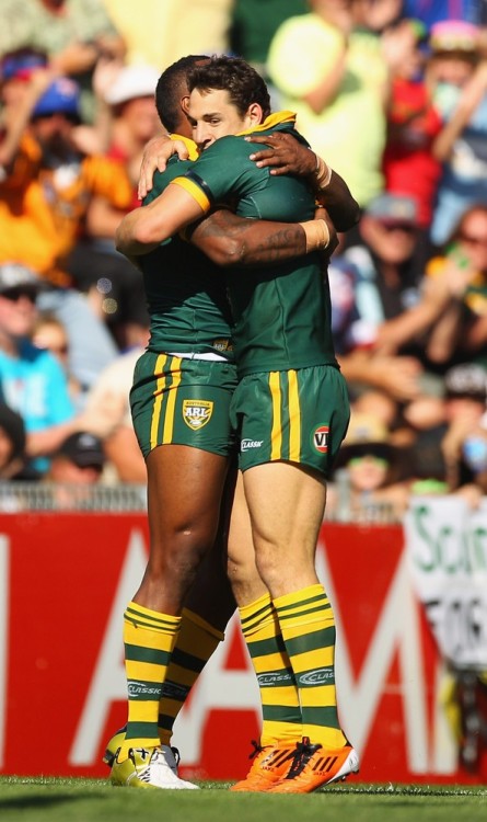 giantsorcowboys:  Show Me The Love! Akuila Uate and Billy Slater of the Kangaroos share some loving during the match against the Kiwis! Yeah, Baby! 