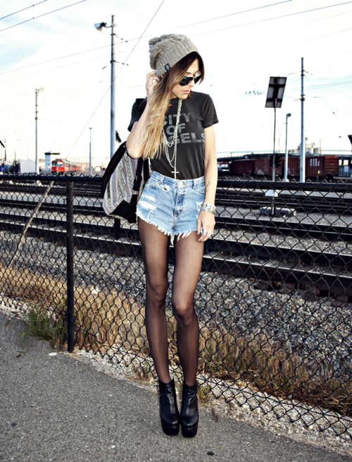 what-do-i-wear:  Beanie - Roboty Reczne, Aviator Sunglasses - Vintage, Tee - Chaser, Layered Cross Necklace - By Celina, Vintage High Waist Shorts - Coal N Terry Vintage, Bracelets & Backpack - Urban Outfitters, Boots - Acne