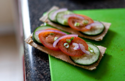 healthyalternative:  Snack Time! NEW Wasa thin &amp; crispy sesame flatbread, Laughing Cow Mozzarella Sun dried tomato and basil spread, Cucumber, tomato, onion and pepper 135 Cal, 13g carbs 