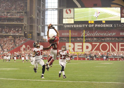 siphotos:  Cardinals receiver Larry Fitzgerald leaps over Lawyer Milloy (36) and Chris Houston (23) to hauls in a touchdown pass during a 2009 game against the Falcons. In this week’s issue of Sports Illustrated, 324 NFL players were asked who they