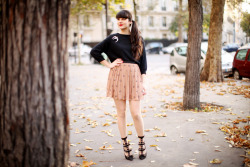 what-do-i-wear:  Skirt : Topshop Tights : Dim voile Jumper : ASOS ( AW 2010 ) Shoes : Chloé Brooche: Sonia Rykiel (image: thecherryblossomgirl)