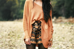 what-do-i-wear:  ribbed knit sweater co Romwe • Papaya aztec print shorts • H&amp;M over-the-knee socks • thrifted boots (image: rougefox)