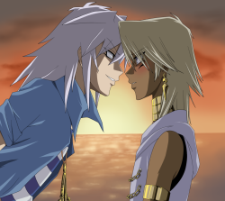 whitegamma:  Why the separation…? You may or may not be familiar with the upper picture. I just solved a mystery, didn’t I? Bakura is taller… when Marik’s sitting down. I’ve seen this picture about 4 times already and I kinda felt like I should