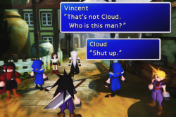 catbountry:  falsamilitis:  dirgeofvalentine:  “…You test my patience, Cloud.”   “Shut up.”  People say Cloud is some kind of angsty emo guy and I assume they never actually played this game. 