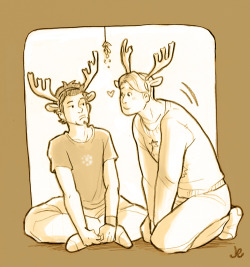 joannaestep:    Prompt: “Tony and Steve, reindeer headbands.” C’mon Tonydeer, it’s mistletoe, Stevedeer just wants one little kiss….   