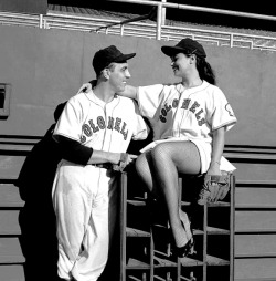 burleskateer:  Patti Waggin poses in a matching &lsquo;Louisville Colonels&rsquo; jersey, with her husband Don Rudolph; a left-handed pitcher for their 1957 team.. The 'Louisville Colonels&rsquo; were the Triple-A minor league team affiliated with the