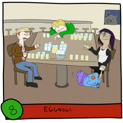 Eggnog drinking contest! Naturally, since it involves alcohol, this is Cass&rsquo; arena. One of the few things Magpie likes more than drinking is cheating at stuff even if there&rsquo;s no real gain. Perry just likes being helpful and eating anything