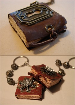 truebluemeandyou:  DIY Mini Book Necklaces with Charms. I have posted 3 or 4 mini book jewelry tutorials and I keep saying, “Oh, this is the best one.” But this is my favorite. Clear instructions, love the grommet closures tied with leather, love
