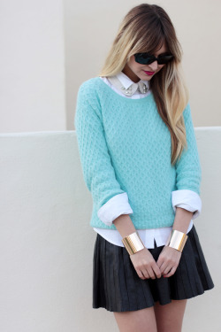 what-do-i-wear:  sweater-Asos, button up- Theory, skirt-Zara, cuffs-Asos, shoes-DKNY, sunglasses-Chanel, collar- Zara (image: lateafternoon) 