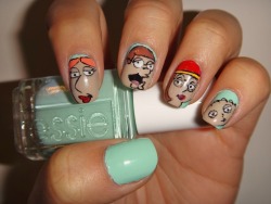 omnomnom88:  Family Guy, Using my favorite, Essie’s Mint Candy Apple! Left to right:  Lois Griffin, Peter Griffin, Meg Griffin, and Stewie GriffinEnjoy! 