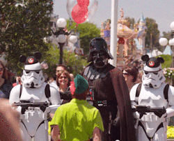 consulting-meerkat:  sherlocked-ravenclaw-companion:  outofthecavern:  I can’t decide which is more awesome, that Peter Pan is taunting Darth Vader, or that the stormtroopers are wearing Mickey Mouse hats.  I think we’re forgetting that Darth Vader