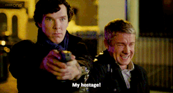 itsheathercole:  stravaganza:  johnlockobsessed:  sherlockian-cumberbabe:  Why does John look less terrified once Sherlock announces he’s a hostage?  you know it’s love when john does the exact opposite of panicking when sherlock aims the gun at his