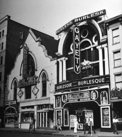 legrandcirque:  The exterior of the &lsquo;GAYETY Theatre&rsquo; on Ninth Street, in Washington, DC.. Photograph by Hans Wild In this vintage photo from September '45,&ndash; the face of Rose La Rose can be seen on the marquee.. And Nancy Blair is listed