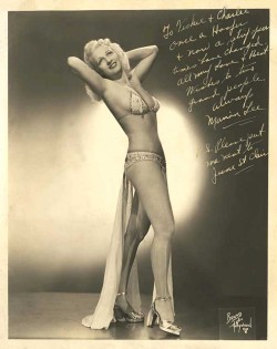  Marian Lee 1940s-era promotional photo, personalized: “To Vickie &amp;  Charlie,— Once a Hoofer &amp; now a Stripper.. times have changed. All  my Love &amp; Best Wishes to two grand people.. Always, Marian Lee..    P.S. Please put me next to June