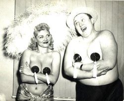 Longtime Carnival Circuit comedian Tubby Boots compares his man-boob tassels to those of &ldquo;The Bazoom Girl&rdquo;, herself: Jennie Lee..