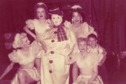 bhof:  Novita (center, in the snowman suit) backstage at the &lsquo;FOLLIES Theatre&rsquo;, framed between (clockwise) Debbie Rae and Jeanine France (brunette).. Jeanine’s son Tommy, and chorus girls Betty (left) and Cindy (right).. Image courtesy