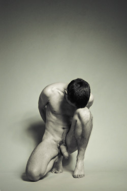 oozingasslips:  by domar66, by permission  Hot! Love his demure pose, as well as his nice hairy legs and thick uncut dick.