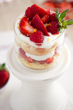 prettygirlfood:  Strawberry and Cream Trifle ¾ cup sugar 2 cups crème fraiche &frac12; cup heavy whipping cream 1 vanilla bean, split with sharp knife and seeds scraped Juice from one large lemon or orange 4 cups mixed hulled and sliced strawberries
