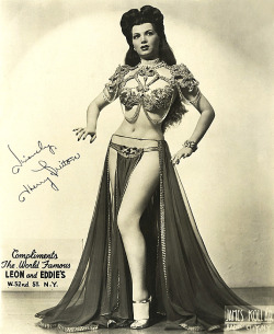 burleskateer:  Sherry Britton is featured on this complimentary 40’s-era souvenir postcard gifted to patrons of the ‘LEON and EDDIE’S’ nightclub, located in NYC’s “Strip Alley”.. Sherry was a very popular pinup girl during WW2; and was known