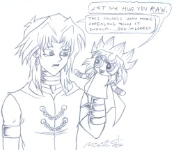 die-einzelganger:  This is supposed to be Bronzeshipping (Marik × Yami Marik). Why? Because I was wondering about how this works. I know most writers and artists give them separate bodies, but I felt like trying a different angle, and though there was