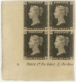 wasbella102:  The Penny Black was the world’s first adhesive postage stamp used in a public postal system. It was issued in Britain on 1 May 1840, for official use from 6 May of that year, bearing a representation of the profile of the reigning British