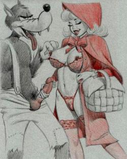 playtime-with-daddy:  Art by Julius Zimmerman Little Red and her Big Bad Wolf sharing a most entertaining lunch together.   Tex Avery would approve.