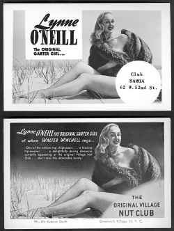 A photo of Lynne O'Neill posing on a Long Island beach in only a fur coat, is used for a pair of promo postcards advertising appearances at the &lsquo;Club SAMOA&rsquo; on 52nd Street, and 'The Village NUT CLUB&rsquo; in Greenwich Village; both popular