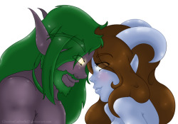 My part of an art trade on dA, her draenei (Taani) and a Night Elf.
