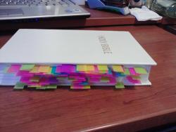 nostopdasgay:  the-robot-condese:  fuckyeahsexyatheists:  This is what happens when I have no assignments over the weekend… The pink tabs are for murder, purple for human or animal sacrifice, blue for rape, yellow for slavery and green for misogyny.
