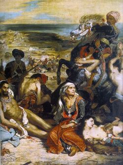 The Massacre at Chios by Eugene Delacroix, 1824. The Ottoman Empire&rsquo;s invasion of Greece produced a lot of art that depicted the conflict in terms of male sexual aggression against female. While most of this painting is fairly realistic, the right-m