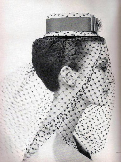 theniftyfifties:  Mary Jane Russell in a hat and veil for Harper’s Bazaar, March 1959. Photo by Louise Dahl-Wolfe. 