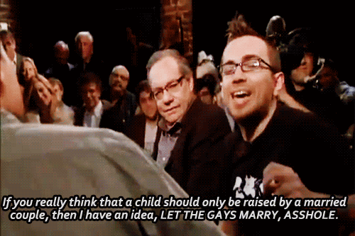 lgbtqgmh:  i-m-bored-at-work:   Oh snap, what a burn.      [If you really think that a child should only be raised by a married couple, then I have an idea, LET THE GAYS MARRY, ASSHOLE. These are people who will raise a child for a better reason than