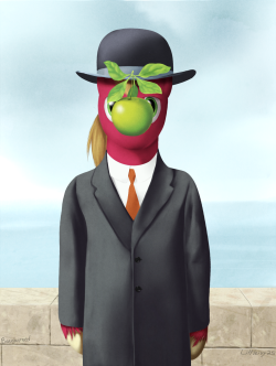 Pssh, all you pony artists emulating other pony artists. MAGRITTE SON &ldquo;Son of Man&rdquo;, interpreted as &ldquo;Son of Mac&rdquo;. ITS A PUN All digitally painted, just referencing the original. The original here. Man that suit was fun to render.