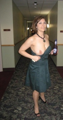 slutwifegallery:  The Slutwife is always willing to flash.  Nice dress    saggyboobslover.tumblr.com