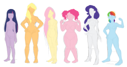 spicydetective:  oops more ponies! my headcanon body types for the mane six uvu Twilight! She’s pretty scrawnyslim, but she has a bit of a desk job paunch. Around Dash’s height, give or take an inch or two. I see Applejack as being the tallest of