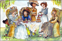 insilencefromthesky:   “The Disney Princesses at high tea, drawn to look like their film’s ages (Snow White is 75, Cinderella is 62, Aurora is 53, etc.).”  This is brilliant. 