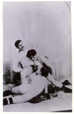 antique-erotic:  Although the familiar cut-and-paste orgy scene is widespread and well-known among vintage pornography, the individual shots used to create it seem difficult to track down, here is one single picture from among the many.