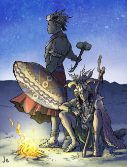 milenab:  madamethursday:  [Image: A full color illustration of African versions of the Norse gods Thor and Loki. Thor, a Black African man who is very tall and muscular, is standing, facing outward holding a woven shield and a large stone hammer. Loki,