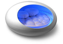 improbablenormality:   handcrafted fiberglass shell and bed temperature controlled round water bed phillips color kinetics LED lighting system anthony gallo high fidelity sound system ipod universal dock  