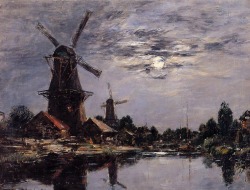 Cavetocanvas:  Eugène Boudin,Windmills And Canel Near Dordrecht, 1884 