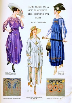 oldrags:  Day dresses, jacket and fashionable motifs, 1917 US, McCall’s Magazine Couldn’t they have come up with a more flattering name for it than a “bowling pin skirt”?  It’s like a couple years ago when they were trying to bring back drop-crotch